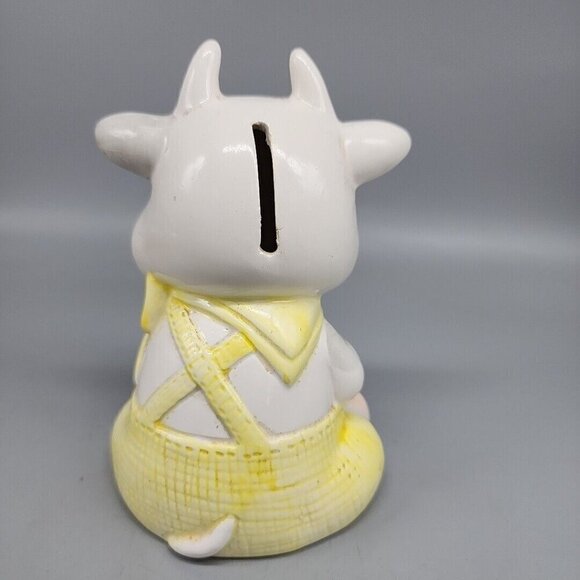 Vintage Berco Ceramic Grey Spotted Cow in Yellow Overalls Bank Rubber Plug 5.75" - Picture 3 of 6